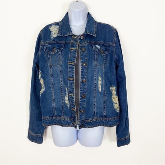MARCI Distressed Denim Jean Trucker Jacket Sequin Pineapple Back Size Medium - Picture 4 of 9